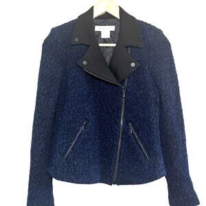 Gerard Darel Blue and Black Tweed Zip Up Cropped Moto Jacket